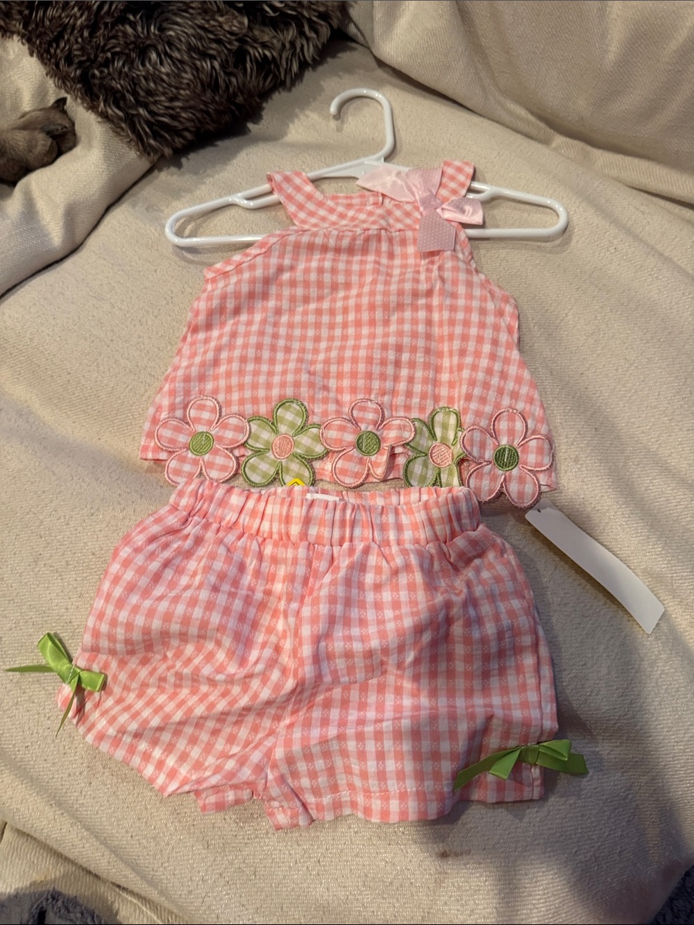 SHEIN Pink Gingham Floral Trim Kids Matching Set